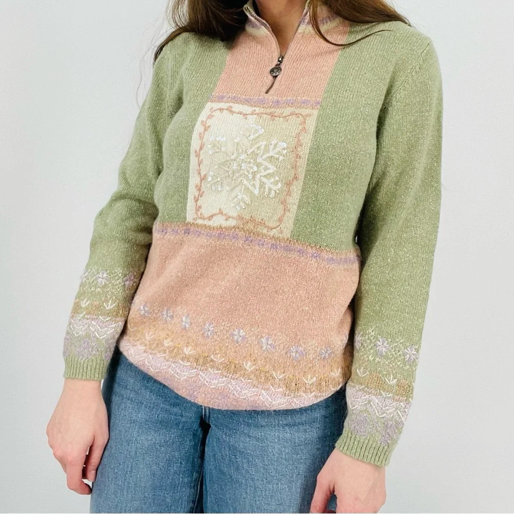 vintage pastel snowflake ramie angora rabbit blend quarter zip sweater top s - Picture 3 of 8